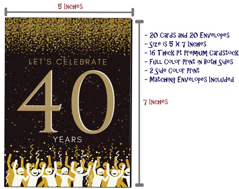 Elcer 40th Birthday Party Invitations | 40 Years celebration | Happy Anniversary | 5 x 7 | Black & Gold | Fill In Style 20 Count with Envelopes | You're Invited | Surprise Party - Image 4
